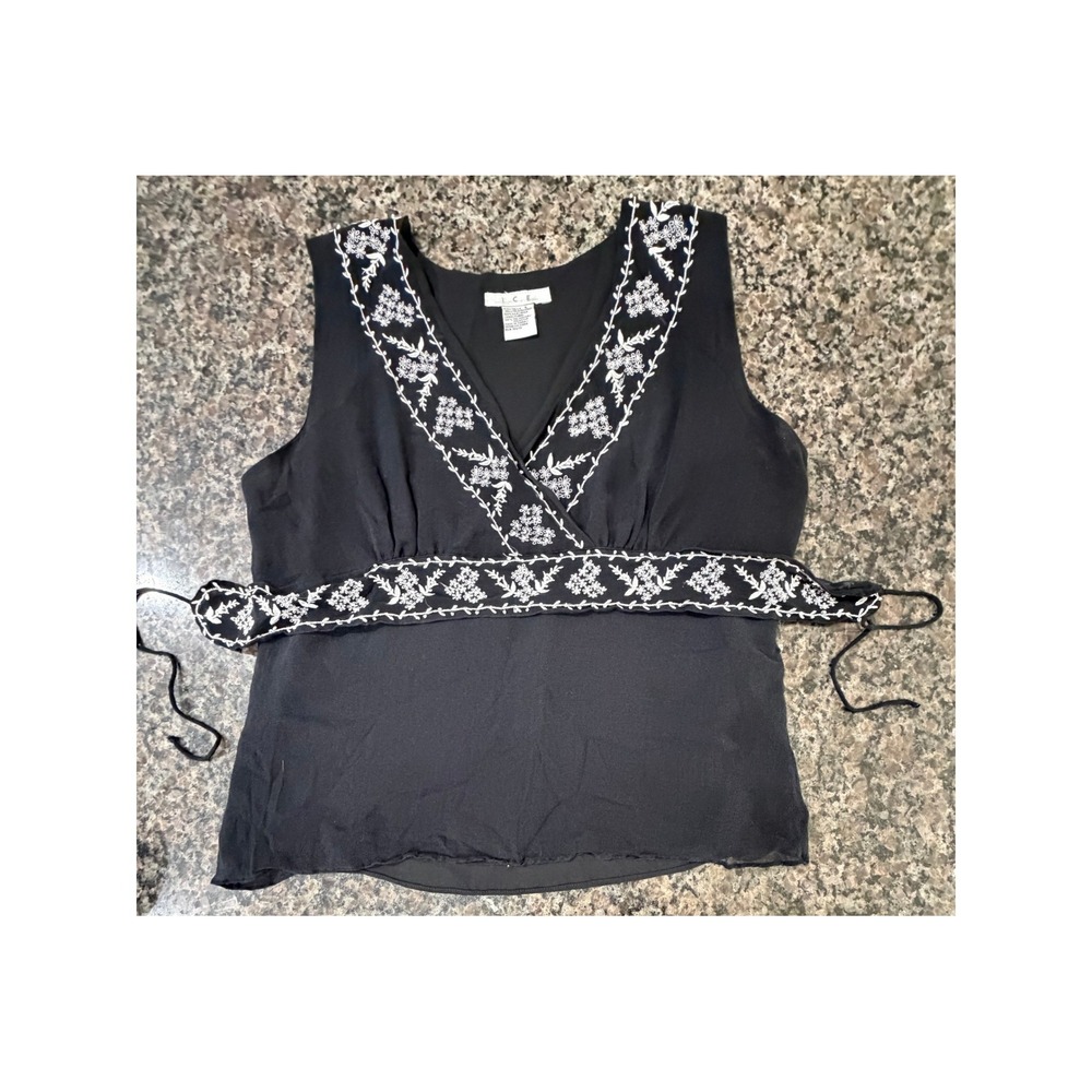 I.C.E. Womens Black 100% Silk Embroidered V-Neck Sleeveless Blouse Size L